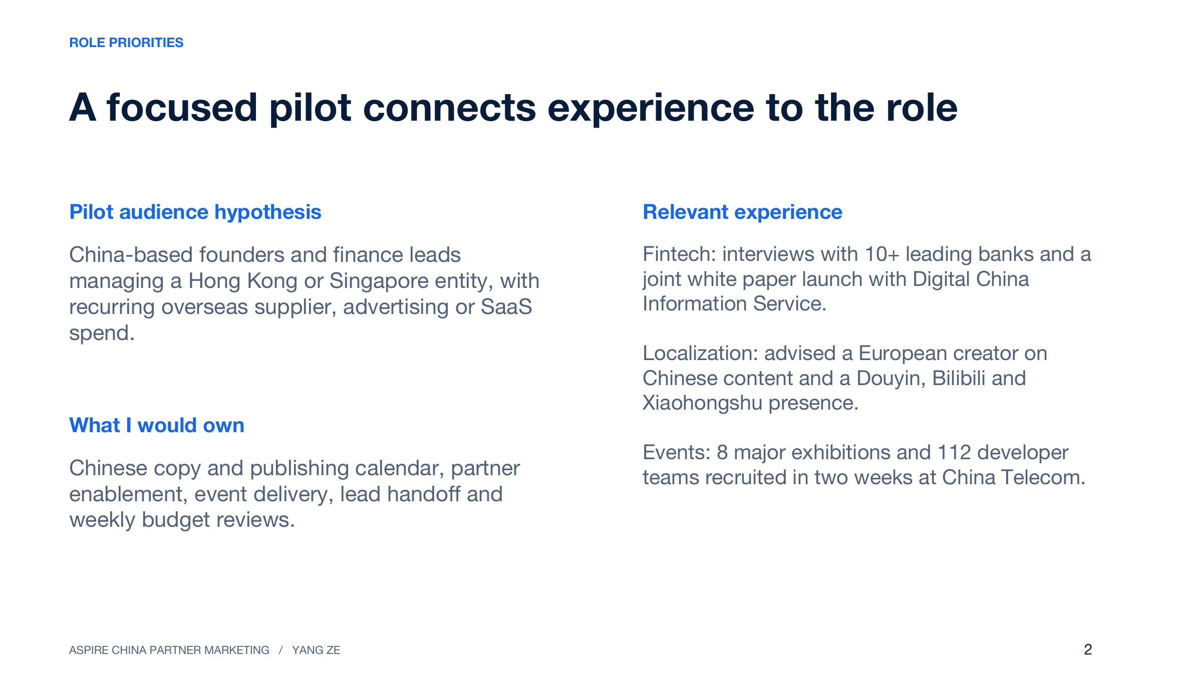 Page 2: A focused pilot connects experience to the role. Full text is available below.